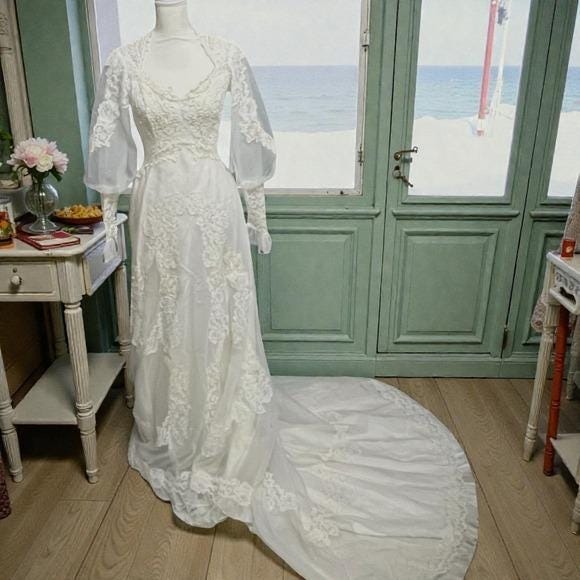True Vintage 1970s Lace Wedding Gown – Sheer Bishop Sleeves & Chapel Train XS - Picture 16 of 16